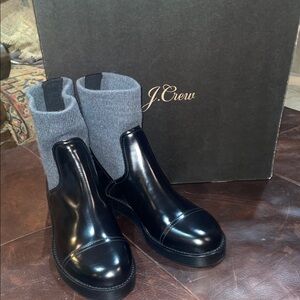 J. Crew Black Patent Leather and Gray Knit Ankle Boots